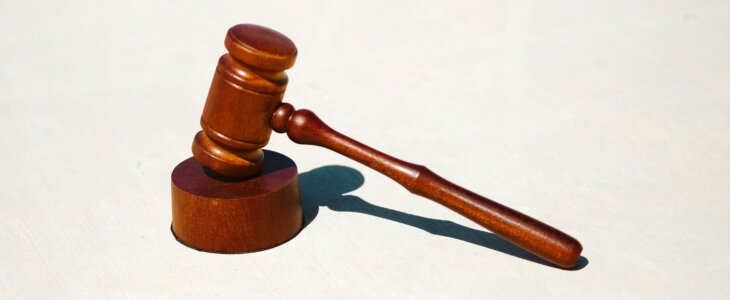 Brown gavel casting a shadow on a white background